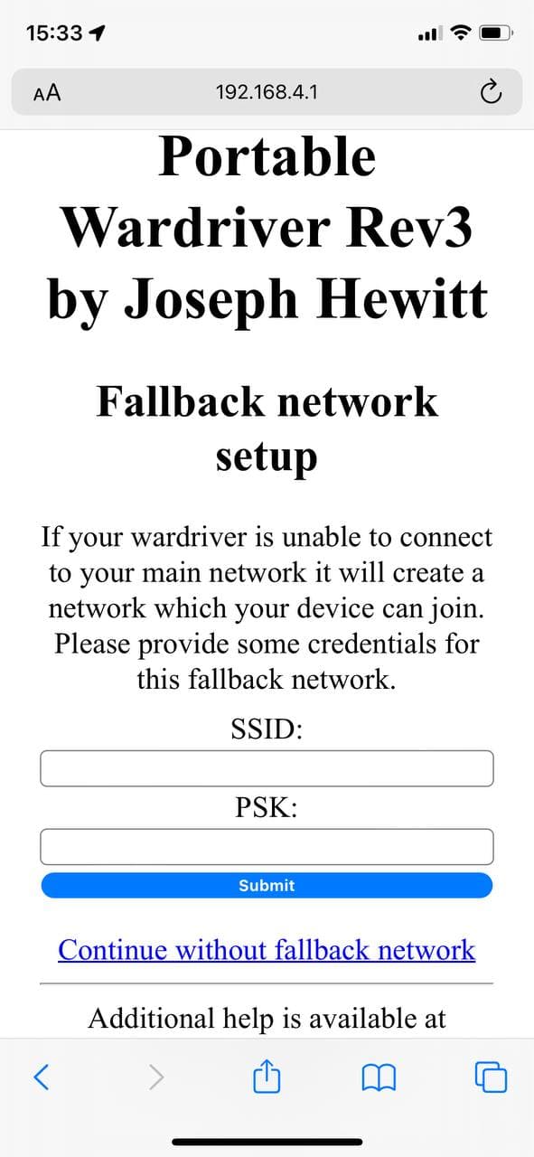 Wardriver fallback network configuration page Wardriver fallback network configuration page